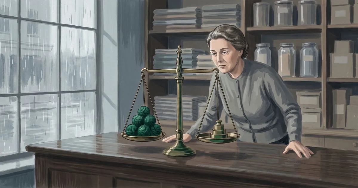 A woman in a grey cardigan leans over the counter of an old general store on a rainy afternoon, eyes level with a brass balance scale. One pan holds six emerald green balls of yarn, the other a stack of brass weights, and the beam sits perfectly level.