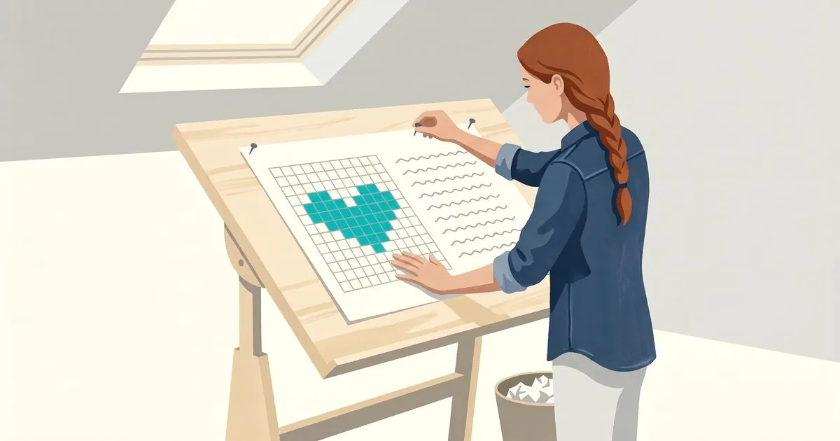 A woman with a long auburn braid, in a navy denim shirt, pins one large sheet to a drafting table in a bright attic studio. The left half of the sheet is a colorwork chart with a teal heart filled in square by square, and the right half is rows of written lines. A wastebasket of crumpled paper sits beside the table.