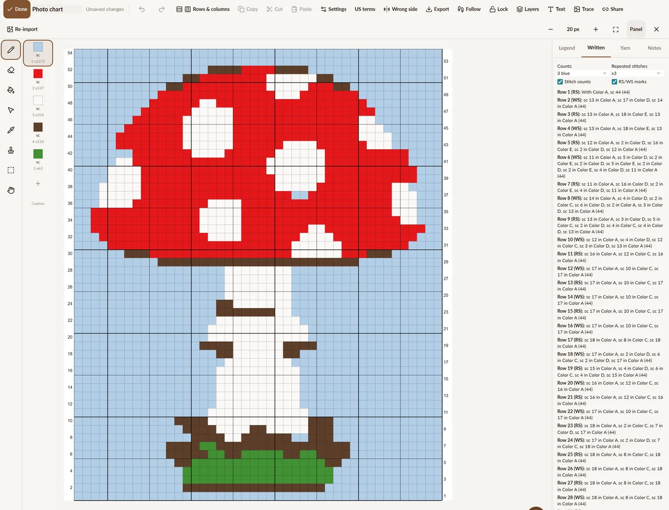 The NodeStitch chart editor with the mushroom chart open: drawing tools and the five color palette on the left, the 44 by 54 grid in the middle with row numbers on both sides, and the Written tab on the right listing each row, such as Row 1 (RS): With Color A, sc 44 (44)