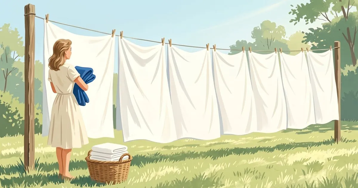 A long clothesline in a sunny back yard, hung edge to edge with white bedsheets so there is no gap anywhere along it. A woman in a cream dress stands at the post at the near end with a wicker basket of folded white towels at her feet, holding one folded cobalt blue sheet to her chest and looking down the full line.