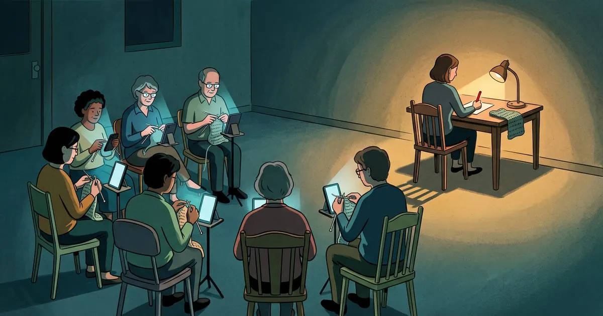 A craft group in a village hall in the evening. Seven people sit in a semicircle crocheting, each following along on a phone or tablet propped in front of them, their faces lit blue by the screens. At the back, alone under a warm desk lamp, a woman writes a pattern of her own with a red pencil.
