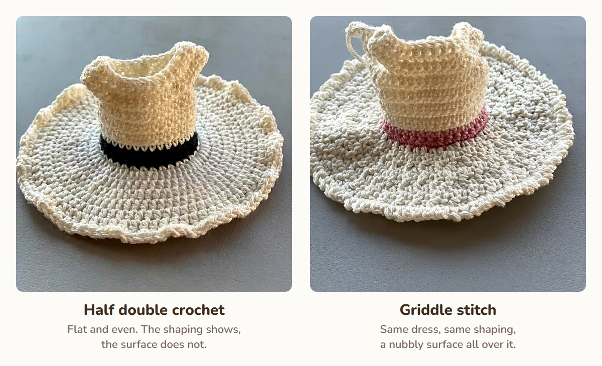 Two doll dresses side by side, the left one worked in half double crochet with a flat even surface and the right one worked in griddle stitch with a bumpy textured surface, both with a skirt flaring out from the bodice