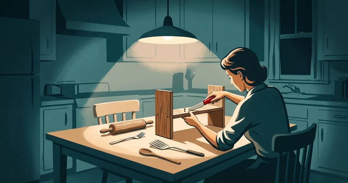 A woman at a kitchen table at night under a low lamp, assembling a half built wooden shelf. She is driving a screw with a red handled butter knife, and a rolling pin, a fork, a wooden spoon and a spatula lie on the table around her in place of proper tools.