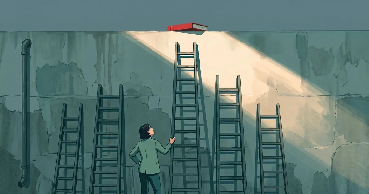 Five wooden ladders of different heights leaning against a tall courtyard wall, none of them reaching the top. A slim red book lies on the wall's edge in a shaft of late afternoon sun, and a woman stands at the foot of the tallest ladder with her hand on it, looking up at the book.