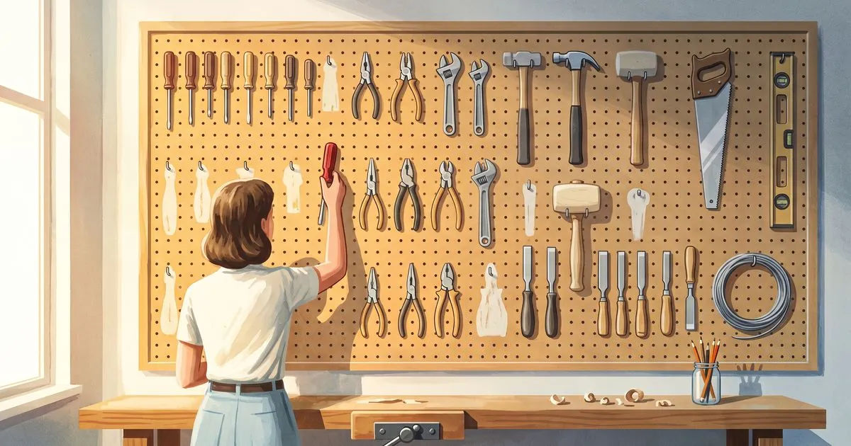 A workshop pegboard in bright daylight, hung with neat rows of hand tools. Several pale painted silhouettes on the board have no tool on them, just bare hooks. A woman at the bench reaches up to hang a red handled screwdriver in its place.