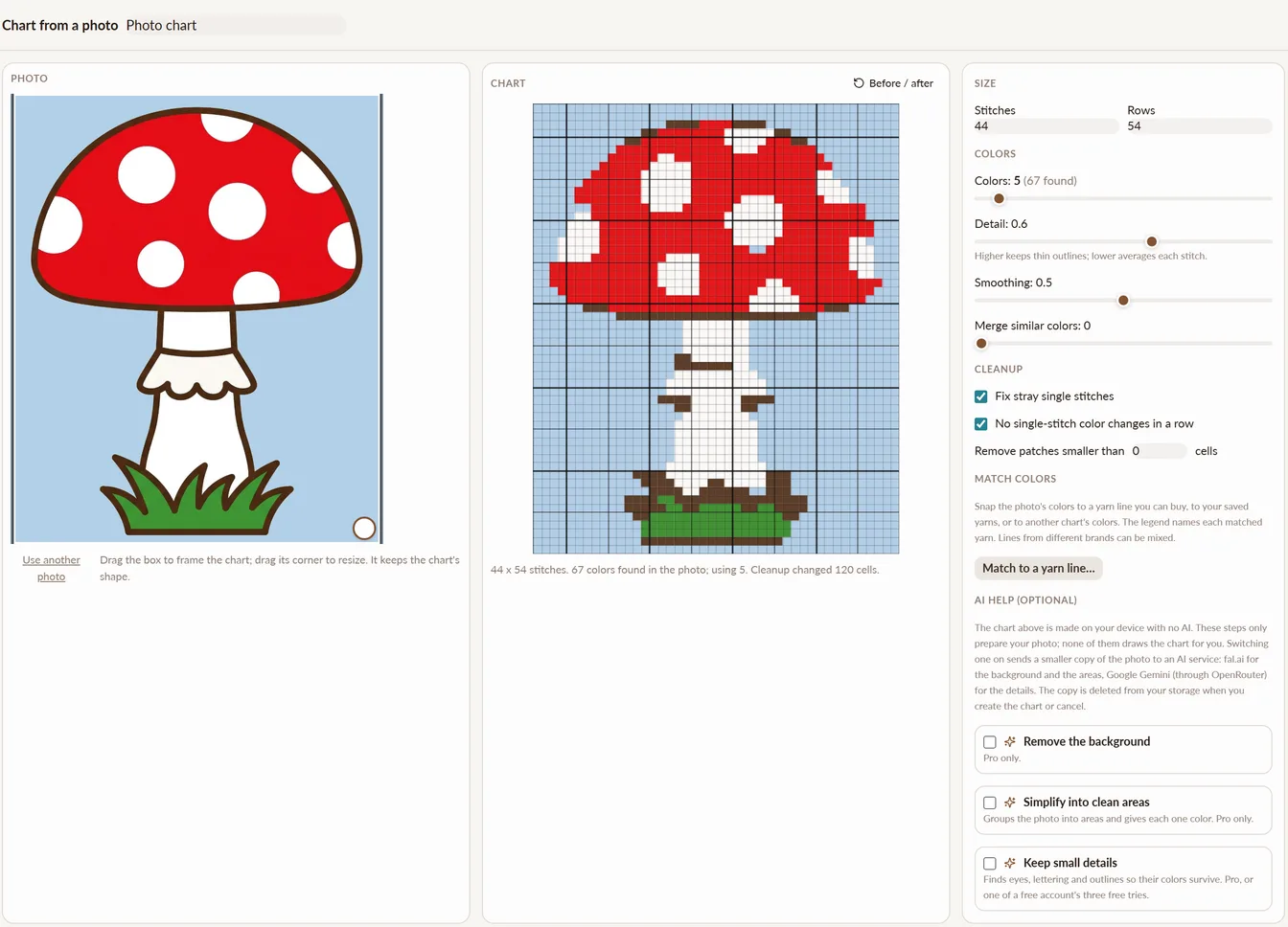 NodeStitch’s chart from a photo screen: a drawing of a red spotted mushroom on the left, the 44 by 54 stitch chart made from it in the middle, and on the right the size, colors, cleanup and match to a yarn line controls, with the optional AI steps switched off