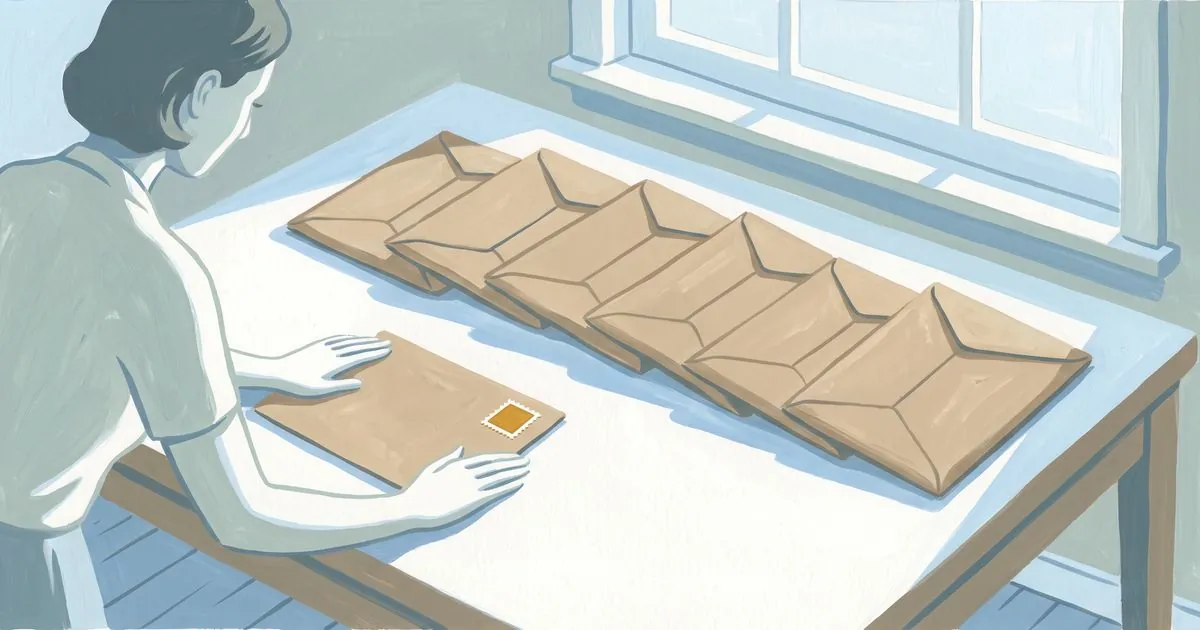 Six identical kraft paper envelopes, sealed and squared up in a row on a kitchen table in early morning light, with a seventh being smoothed down by a woman's hands. A single golden yellow stamp sits on the front of it.