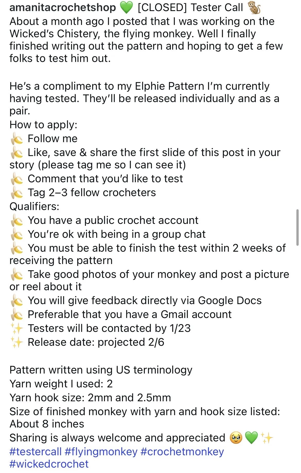 The full caption of the same tester call, listing how to apply, the qualifiers, and the pattern details