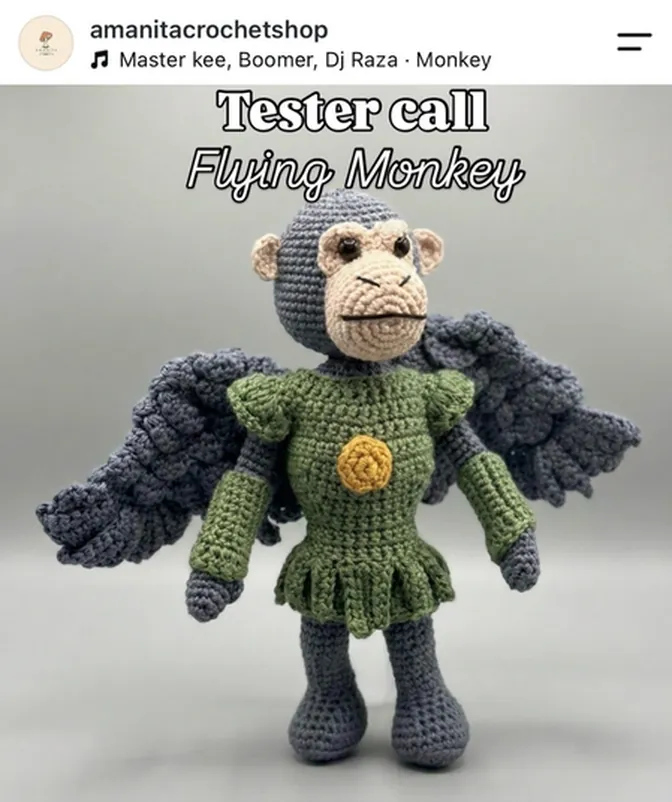 The first slide of my tester call for the Flying Monkey pattern, showing the finished piece against a plain background