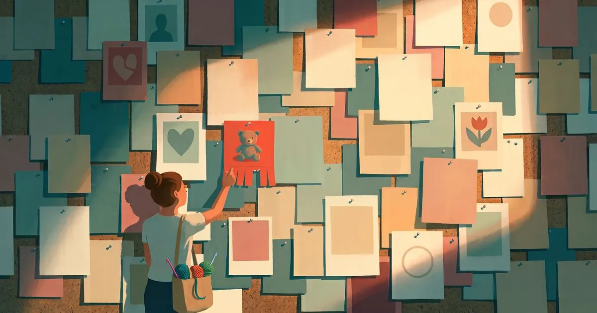 A cork noticeboard crowded edge to edge with overlapping blank flyers in cool teal and cream. A woman with a tote of yarn and crochet hooks over her shoulder reaches up to one small red flyer showing a crocheted bear, a fringe of tear off tabs hanging beneath it, caught in a shaft of afternoon sun.