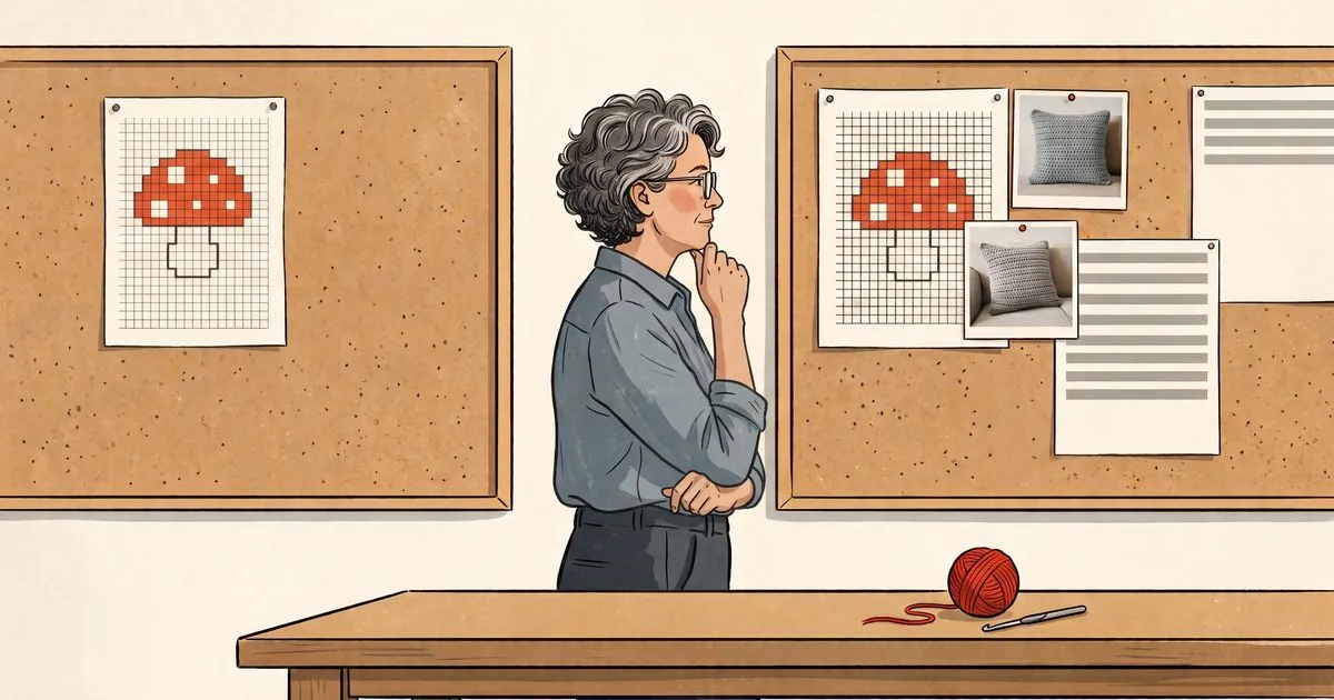 In a bright studio, a woman in her fifties with short curly salt and pepper hair and wire rimmed glasses, in a dusty blue work shirt, stands between two cork boards with one hand at her chin and her other arm folded beneath it. The left board holds a lone grid chart of a small pixel mushroom with a red spotted cap. The right board holds the same chart pinned together with photos of a finished pillow and pages of written rows. A red ball of yarn and a crochet hook sit on the table in front of her.
