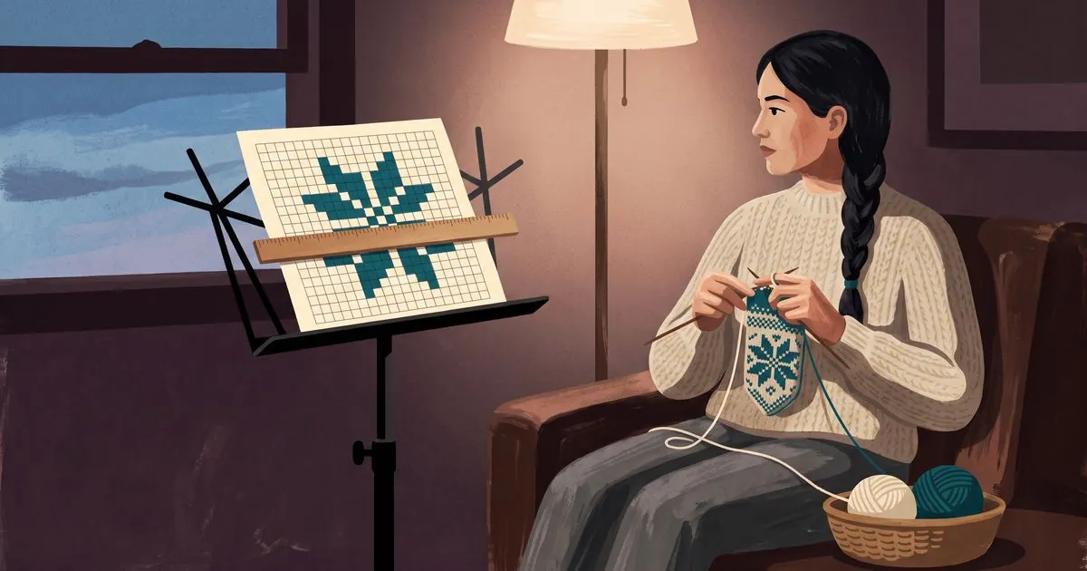 In a lamplit living room at dusk, a woman with a long black braid, in an oatmeal sweater, knits a teal snowflake mitten in an armchair, glancing at a large stitch chart of the same teal snowflake on a music stand beside her, with a wooden ruler laid across it to mark her row. A basket at her feet holds a cream and a teal ball of yarn.